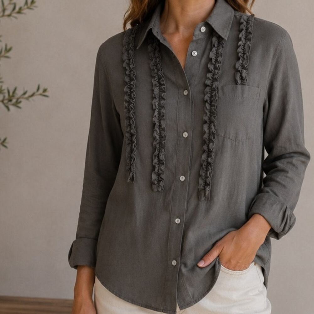 Kate Sylvester Gray Ruffle Front Top Small